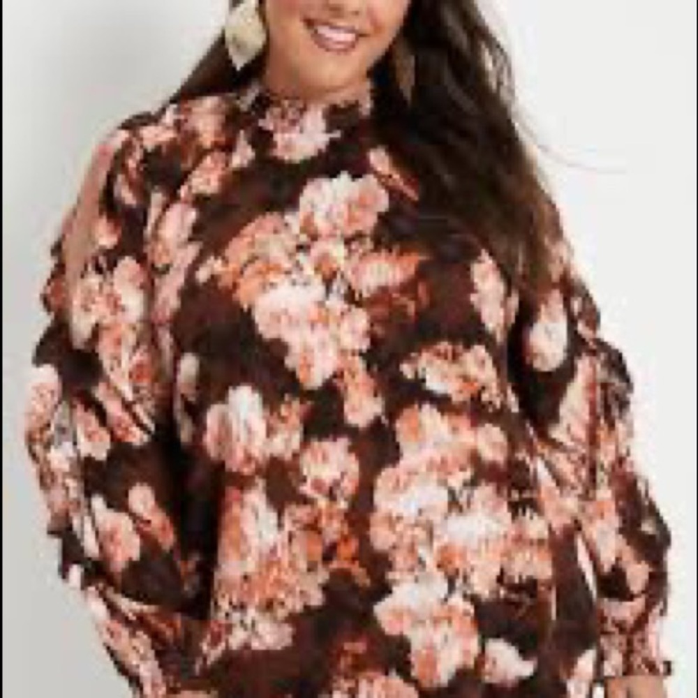 Rust Floral Ruffle Cutout Sleeve - Picture 2 of 3